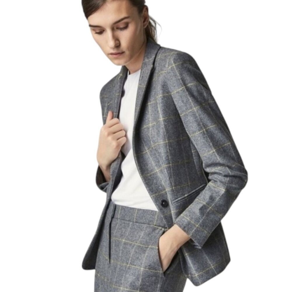 Massimo Dutti Wool Blazer Check Tailored Slim Fit Women 10 Structured